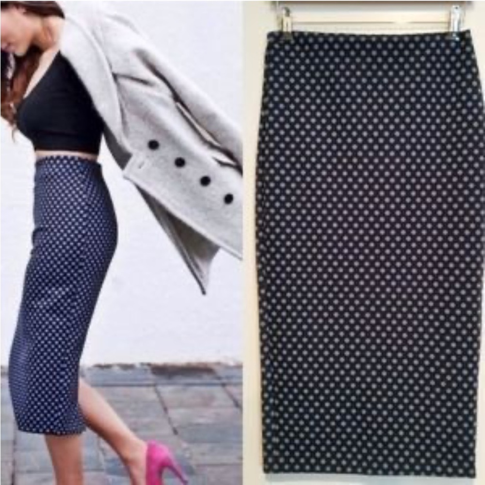 NWOT Zara Navy Blue Polka Dot Stretchy High Waist Midi Pencil Skirt Size XS